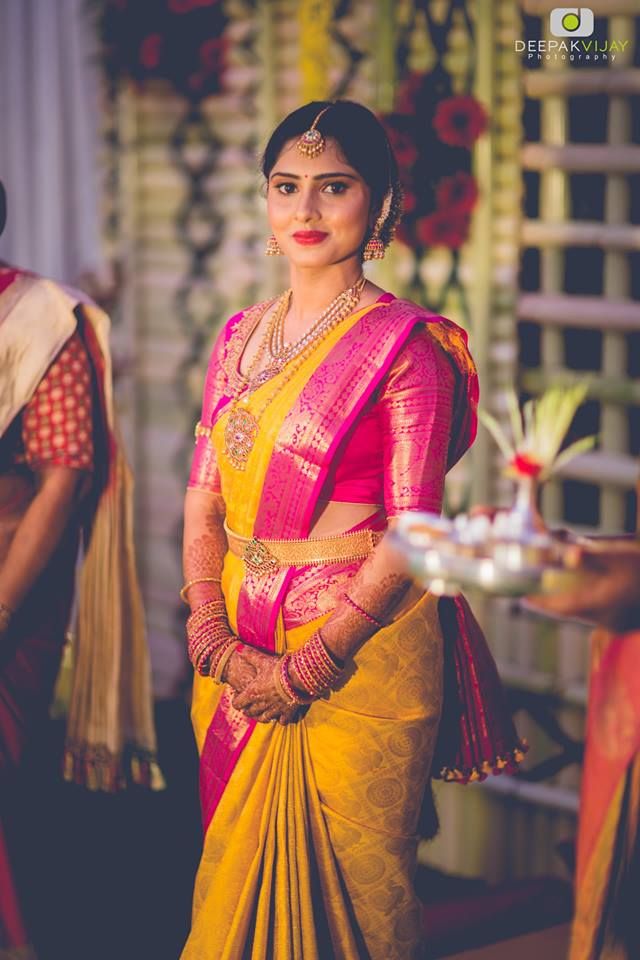 Yellow Pattu Saree Wedding, Wedding Blouse Designs South Indian, Pellikuthuru Sarees, Yellow And Pink Saree, Blouse Designs South Indian, Yellow Pattu Saree, Pink Blouse Designs, South Indian Bride Saree, Engagement Saree