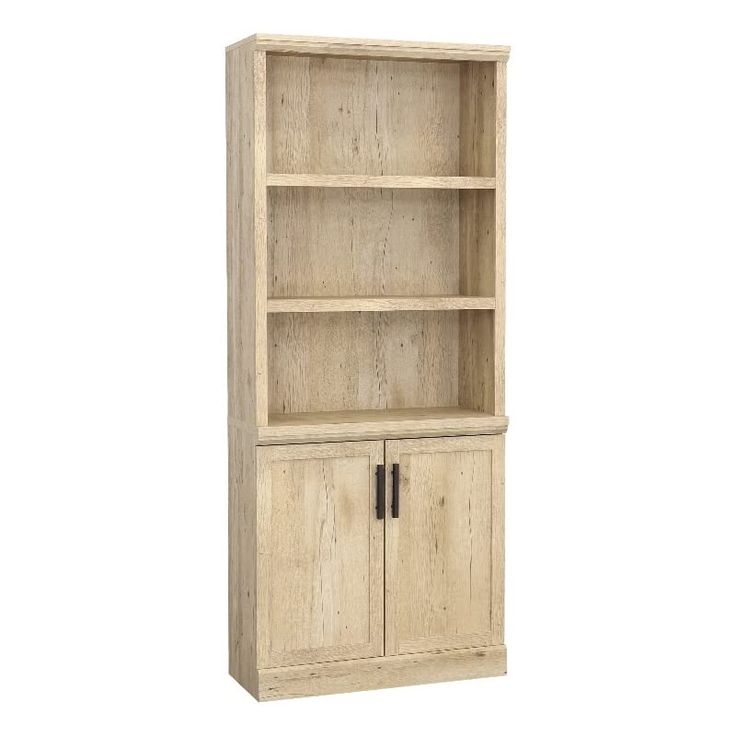 a wooden bookcase with two doors and drawers