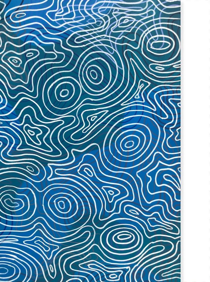 an abstract blue and white painting with swirls on it's surface, in the middle