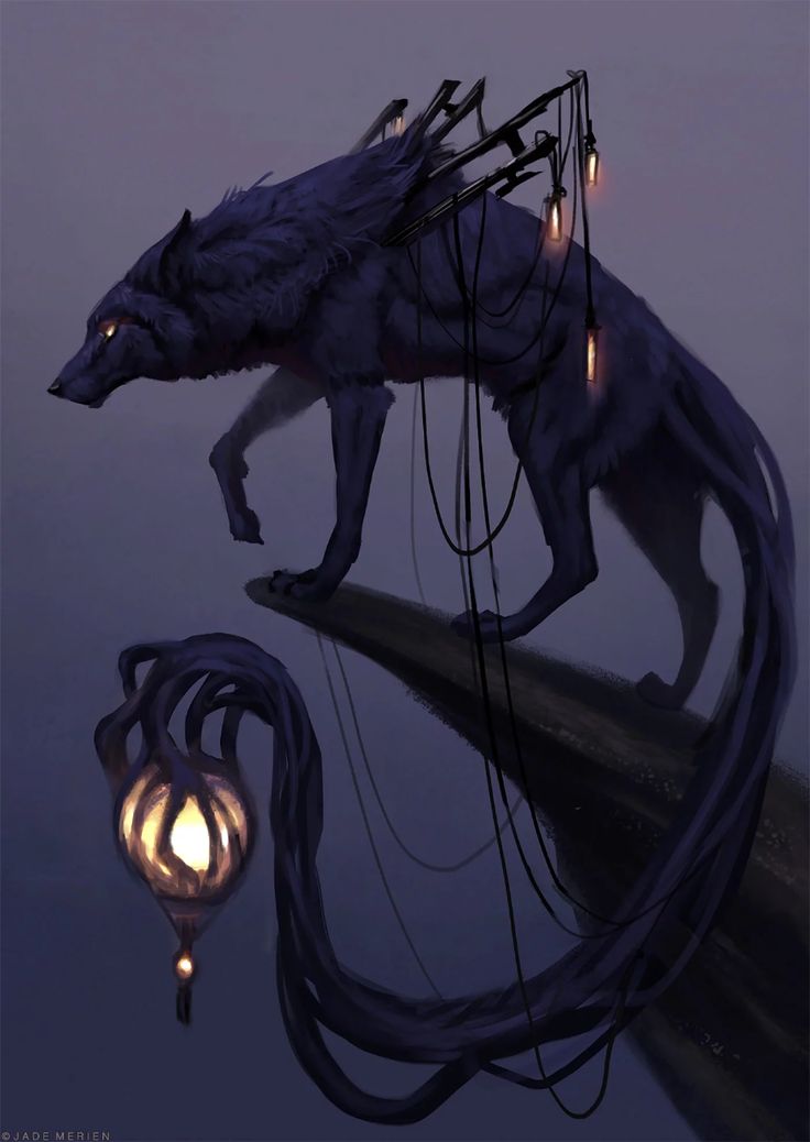 a wolf is walking across a bridge next to a lantern with strings attached to it