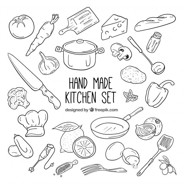 hand drawn kitchen set with ingredients and utensils