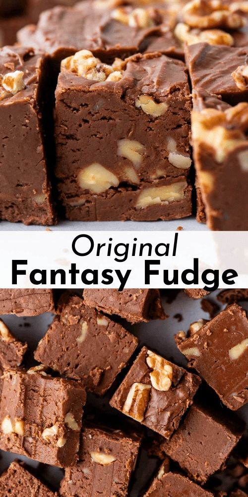 chocolate fudge brownies with walnuts on top and the title overlay reads, original fantasy fudge