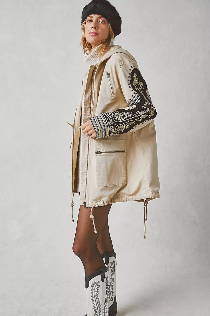 We The Free Embellished Military Jacket | Free People Fall Beige Outerwear With Floral Embroidery, Beige Floral Embroidered Outerwear For Fall, Beige Floral Embroidered Winter Outerwear, Beige Winter Outerwear With Floral Embroidery, Cream Embroidered Cotton Outerwear, Beige Cotton Outerwear With Floral Embroidery, Oversized Embroidered Outerwear For Fall, Embroidered Beige Winter Outerwear, Bohemian Embroidered Beige Outerwear