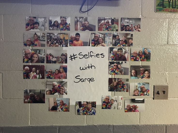 a bulletin board that has pictures on it with the words selfies with share written on it