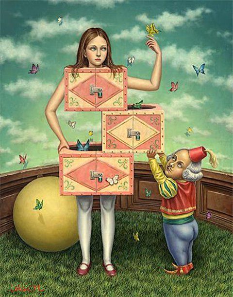 a painting of a woman standing next to a giant cardboard box and an old man