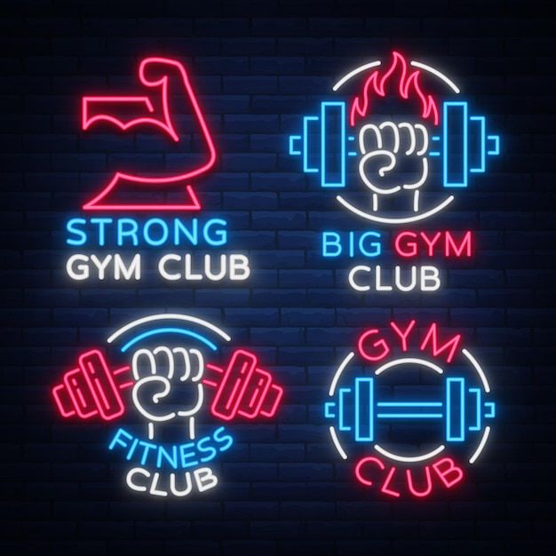 gym club neon signs with dumbs and barbells