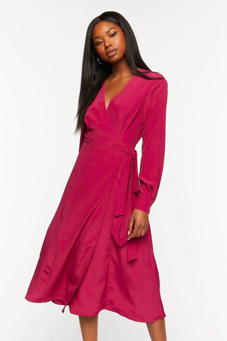 Surplice Long-Sleeve Wrap Midi Dress Chic Long Sleeve Belted Knee-length Dress, Chic Belted Long Sleeve Knee-length Dress, Fall V-neck Midi Dress With Tie Waist, Chic Long Sleeve Belted Dress For Fall, Belted Long Sleeve Midi Dress For Fall, Fall Midi Length Belted Long Sleeve Dress, Long Sleeve Wrap Dress For Spring Formal, Long Sleeve Wrap Dress For Date Night, Formal Long Sleeve Wrap Dress For Spring