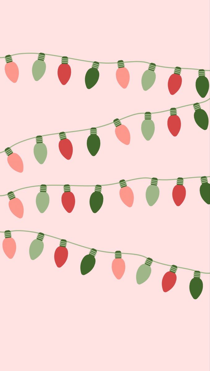 christmas lights are hanging from a string on a pink background with green and red ornaments