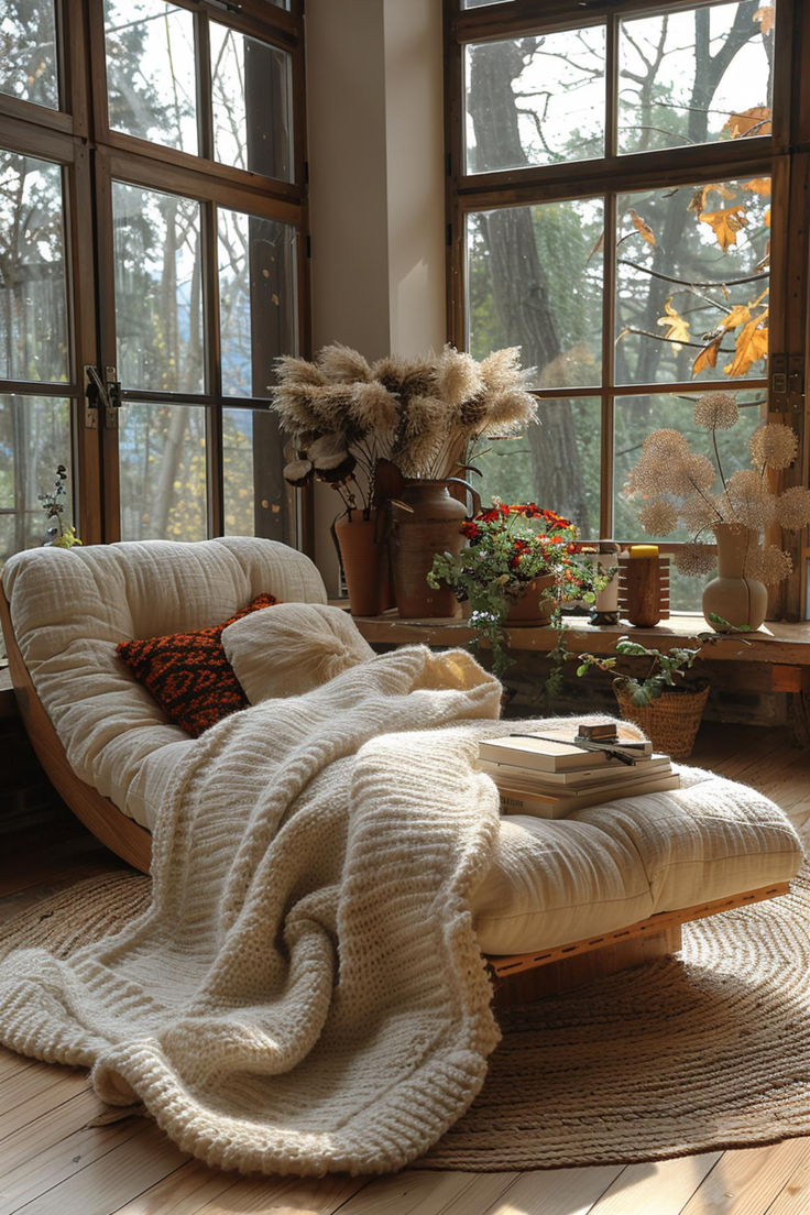 a living room filled with lots of windows next to a white couch covered in a blanket