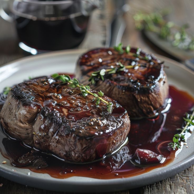 two steaks covered in sauce on a plate