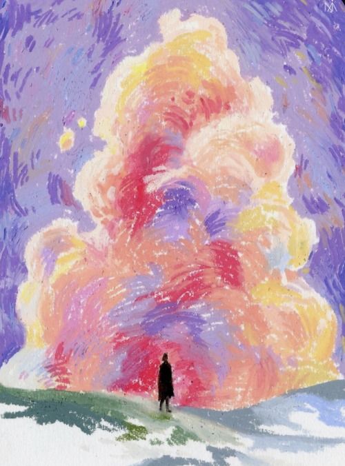 a painting of a person standing in the snow under a colorful sky with fluffy clouds