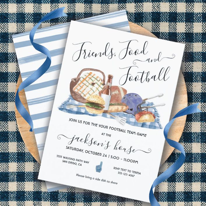 a blue and white checkered table cloth with a card that says friends food and football