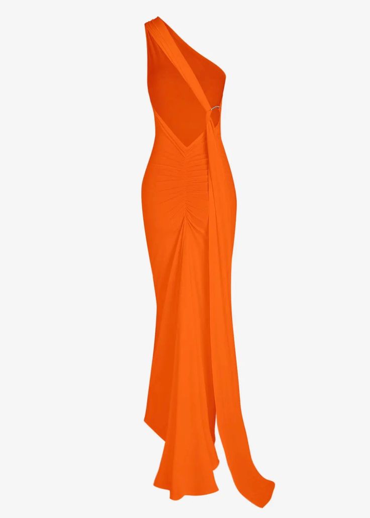 Made for moments of dramatic entrance, this maxi dress is crafted from luxuriant, lightweight fabric and comes with a breathtaking train and an o-ring detail that will turn heads. Feminine and elegant, its backless design and silhouette will make it a timeless piece in your wardrobe. Fit Type: Regular Fit Fabric: High Stretch Material: Polyester, Elastane Stretch Maxi Dress With Ruched Back For Gala, Chic Stretch Maxi Dress With Ruched Back, Ruched Evening Maxi Dress, Ruched Maxi Dress For Evening, Evening Draped Maxi Dress With Side Slits, Evening Backless Maxi Dress With Sweep Train, Draped Maxi Dress With Side Slits For Evening, Draped Maxi Dress With Ruched Back For Cocktail, Cocktail Maxi Dress With Draped Ruched Back