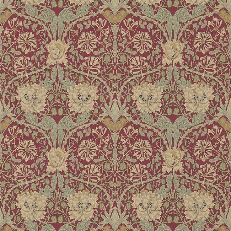 an intricately designed wallpaper with flowers and leaves in red, beige and green colors