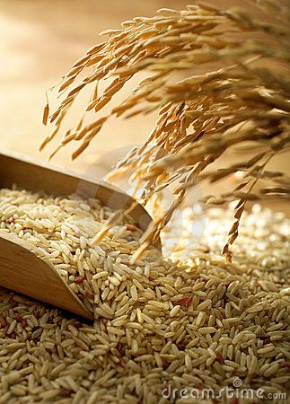 an open wooden box filled with brown rice next to some plants and grain on the ground