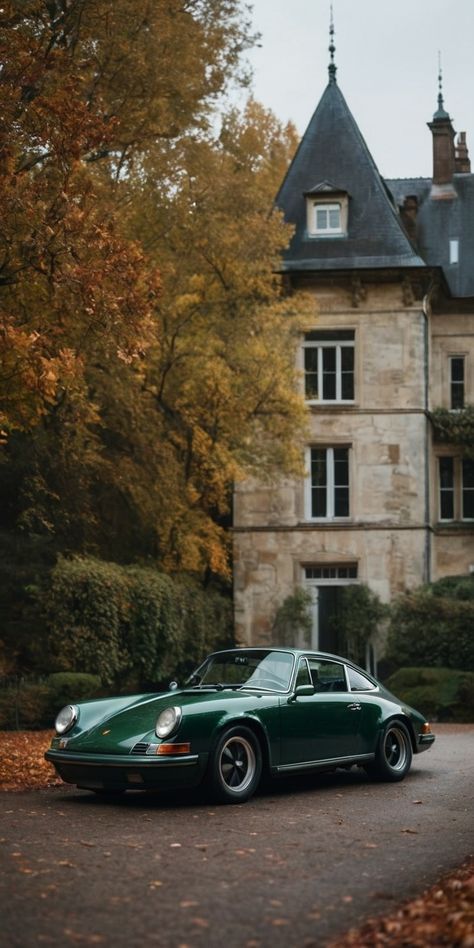 a green sports car parked in front of a large house with autumn leaves on the ground