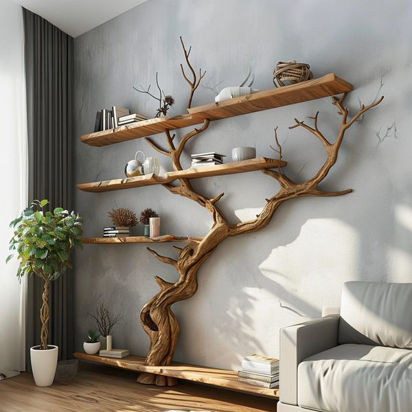 a living room filled with furniture next to a wall mounted book shelf covered in branches