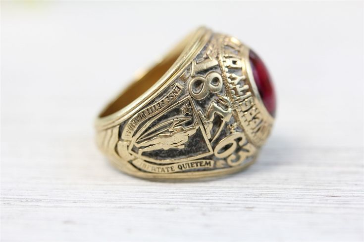 N6231 Vintage University of Massachusetts 14K Yellow Gold Ruby Class Ring Big 1970 BBA (8.25) VINTAGE 1970 UMASS UNIVERSITY OF MASSACHUSETTS CLASS RING. BIG BOLD HEAVY RING. SYNTHETIC RUBY. HAS BEEN RESIZED AT SOME POINT. AMAZING RING WONDERFUL HIGHEST QUALITY. JUST PART OF MY MOST RECENT ESTATE FINDS! FOLLOW ME TO SEE THEM ALL! Brand: University of Massachusetts Metal: 14K Yellow Gold Metal Purity: 14k Material: Ruby Ring Size: 8.25 Other Dimensions: 22.2mm W Form: Class Ring Big 1970 BBA Age: Engraved Retro Jewelry For Formal Occasions, Retro Formal Rings With Polished Finish, Retro Rings With Polished Finish For Formal Occasions, Retro Polished Rings For Formal Events, Retro Yellow Gold Round Jewelry, Vintage Jewelry For Anniversary, Vintage Yellow Gold Jewelry For Anniversary, Estate Gold Ring As Gift, Vintage Rings With Polished Finish As Gift