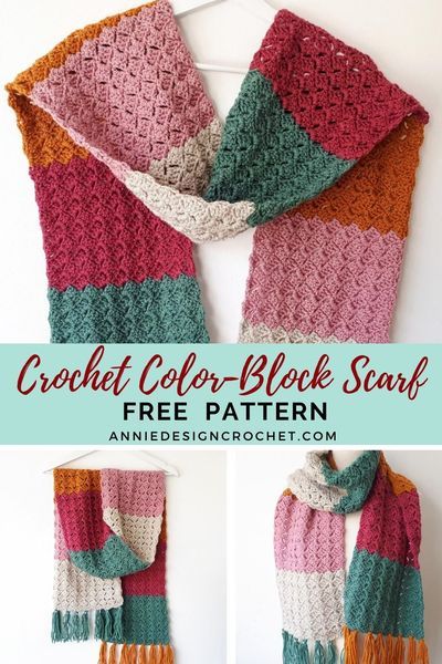 the crochet color block scarf is shown in three different colors