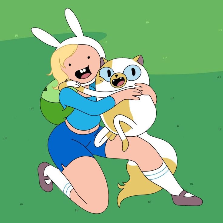 a cartoon character hugging a dog in the grass