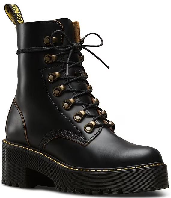 Dr. Martens Leona Smooth Leather Chunky Lug Sole Platform Heel Combat Boots | Dillard's Dr Martens Leona, Dr Martens Chelsea, Heel Combat Boots, Doc Martens Style, Calf Length Boots, Doc Martens Boots, Platform Heel, Fall Shoes, Black Vintage