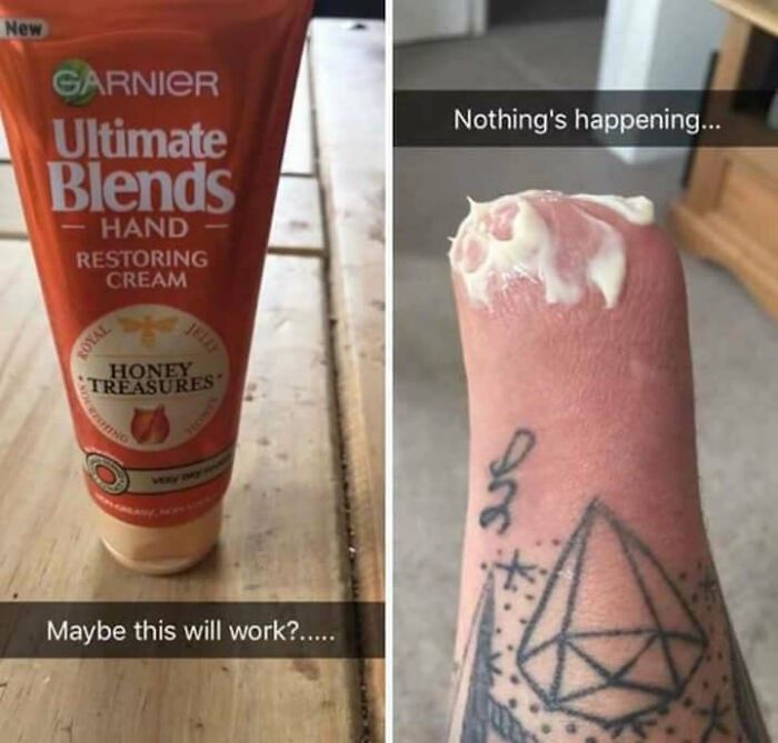 two pictures one showing cream and the other shows an image of someone's hand