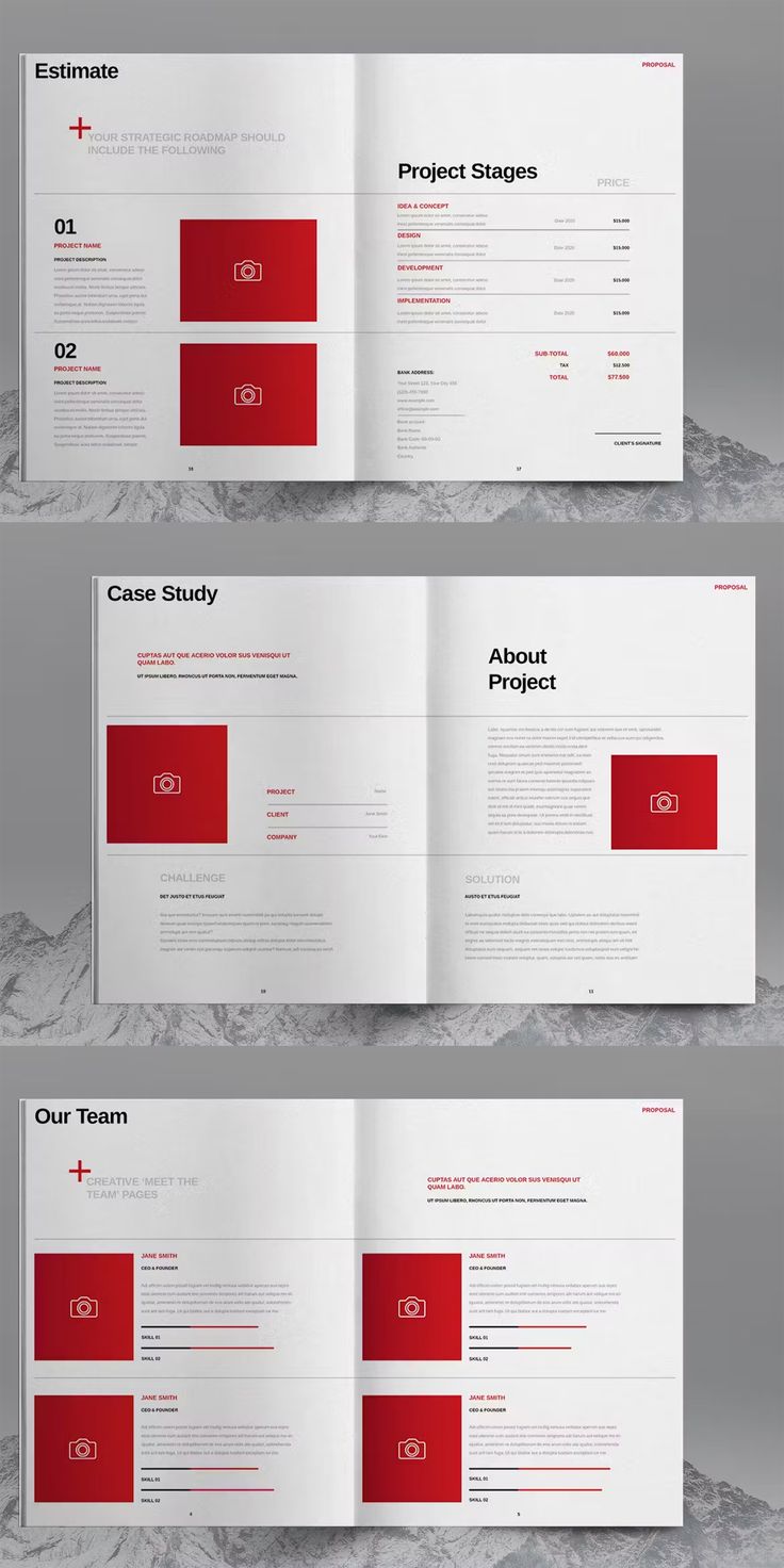 an open brochure with red and white colors on it, in the middle of three