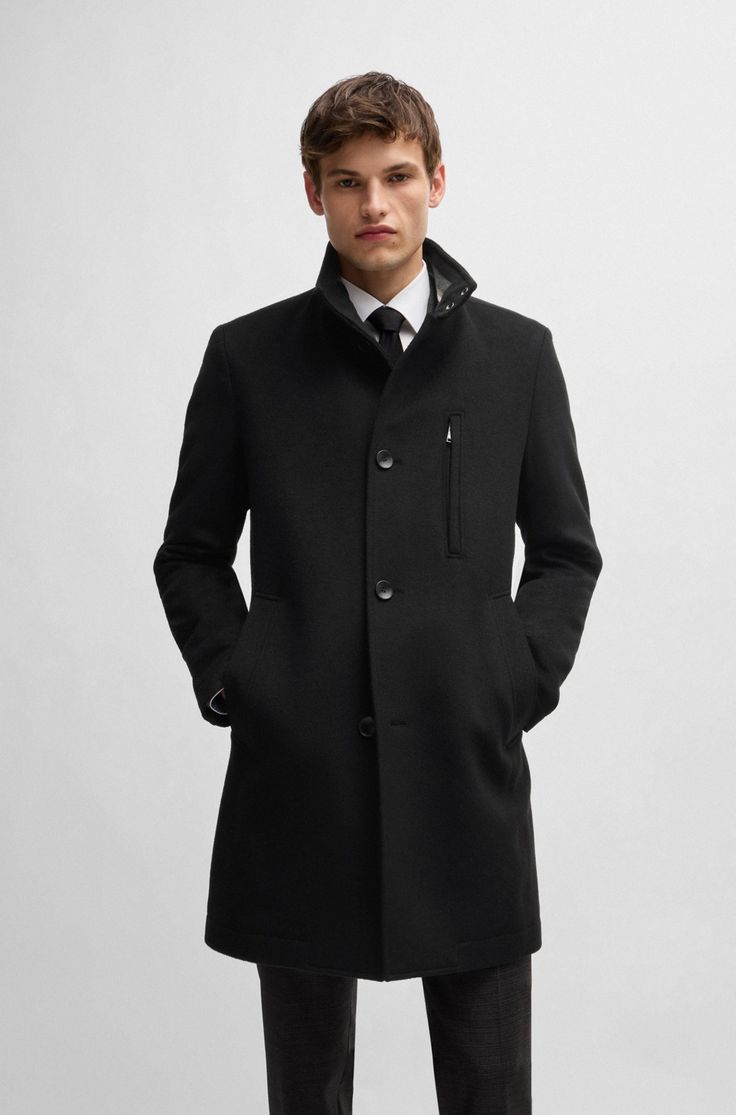 BOSS - Slim-fit coat in wool and cashmere Men’s Wool Coat, Boss Clothing, Hugo Boss Men, Black Coat Men, Mens Wool Coats, Stand Collar Coat, Slim Fit Coat, Boss Outfit, Gray Wool Coat