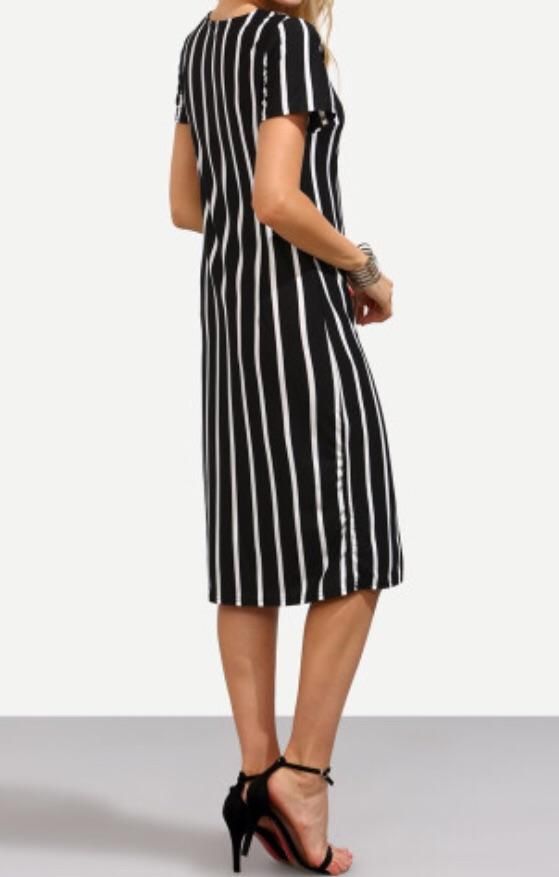 Vertical black and white striped dress Apostolic Clothing, Black And White Striped Dress, Ladies Dresses, Black And White Stripes, Striped Midi Dress, Tea Length Dresses, White Striped Dress, Vertical Stripes, Cozy Knits