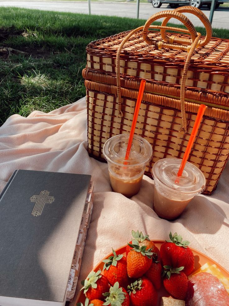 strawberries and other food on a picnic blanket