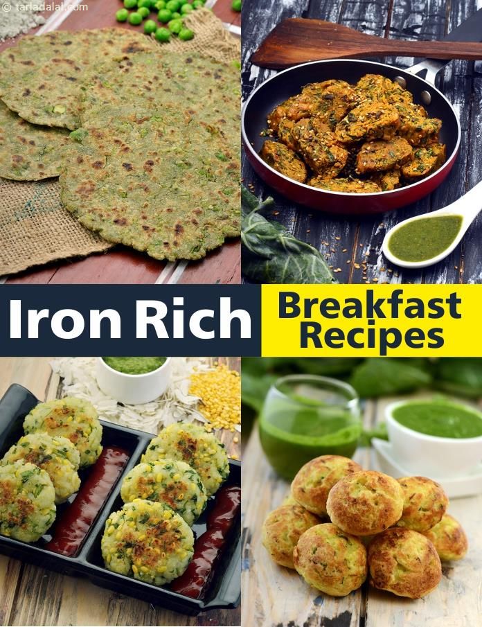 the cover of iron rich breakfast recipes, with pictures of different foods and vegetables on it