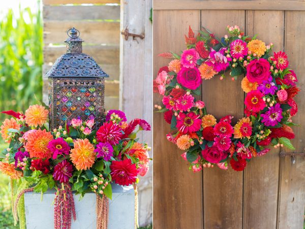 two pictures of colorful flowers in front of a wooden door with a wreath on it