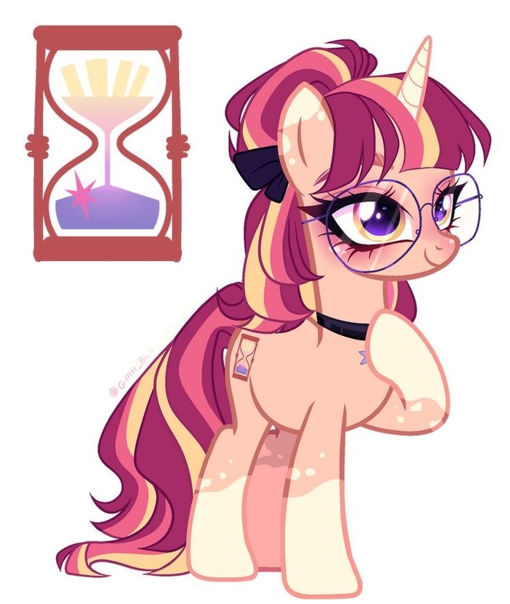 a pink pony with glasses next to an hour clock