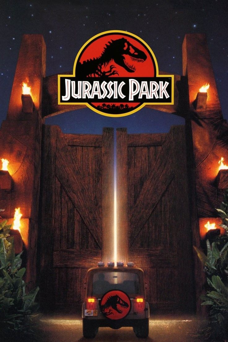 an advertisement for the movie's dinosaur park, featuring a car in front of a gate