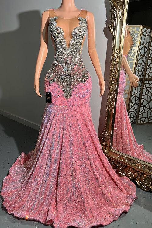 Embellished Stretch Evening Dress For Prom, Stretch Embellished Evening Dress For Prom, Pink Sparkling Evening Dress For Prom Season, Pink Sparkling Evening Dress For Prom, Sparkling Pink Evening Dress For Prom Season, Sparkling Pink Evening Dress For Prom, Pink Sequined Gown For Homecoming, Pink Evening Dress For Homecoming During Prom Season, Luxury Pink Dresses With Long Train