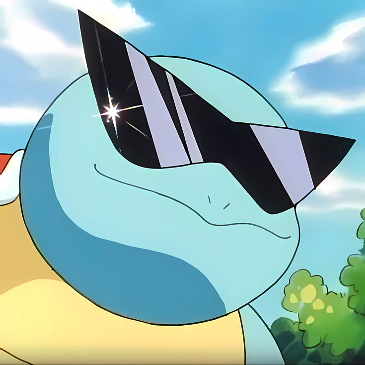 an animated pokemon character with sunglasses on his face and trees in the back ground behind him