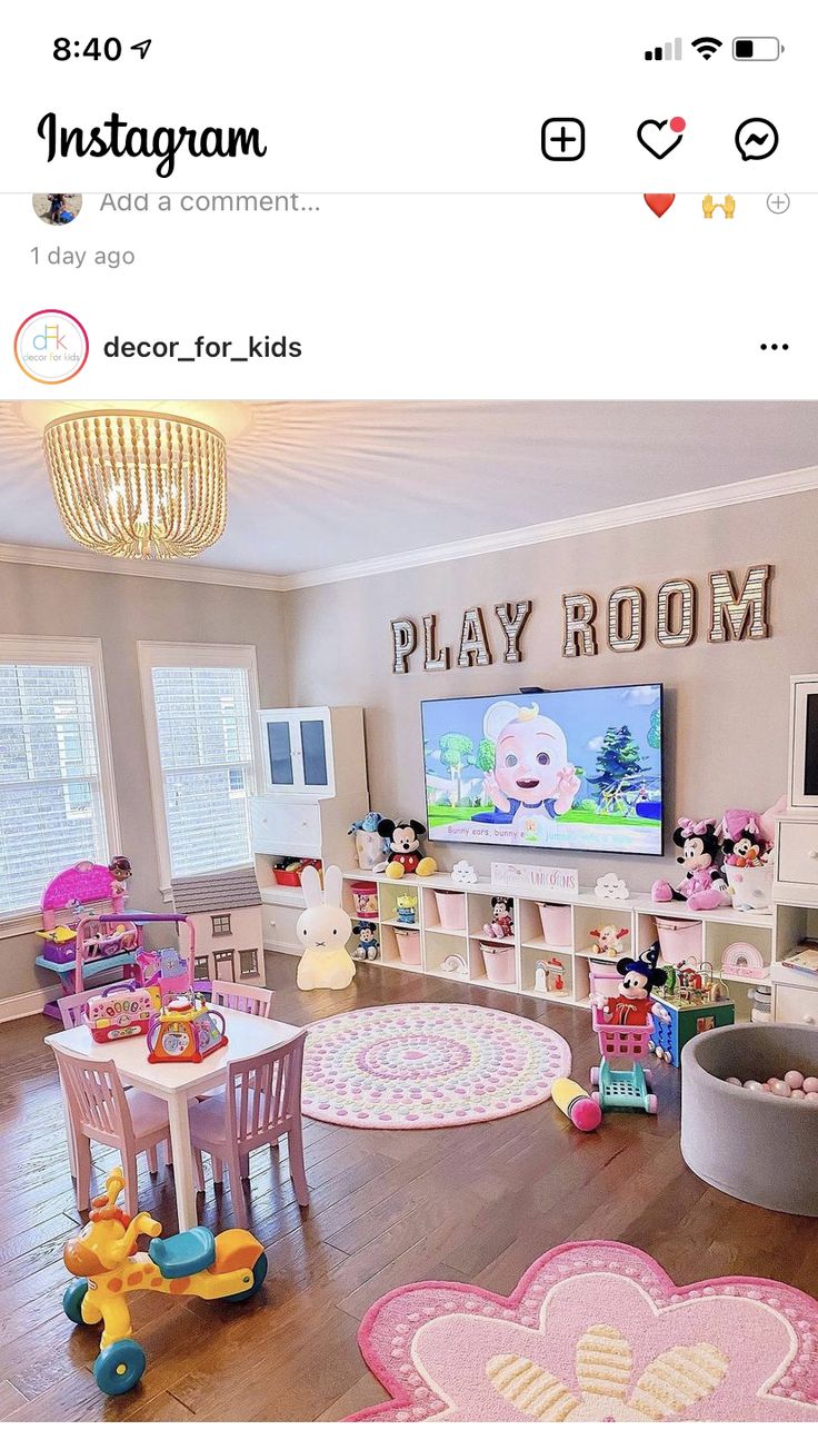 the room is full of children's toys, including mickey mouse rugs and other decorations