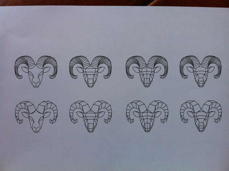 six ram heads drawn in black and white on a piece of paper with the same pattern