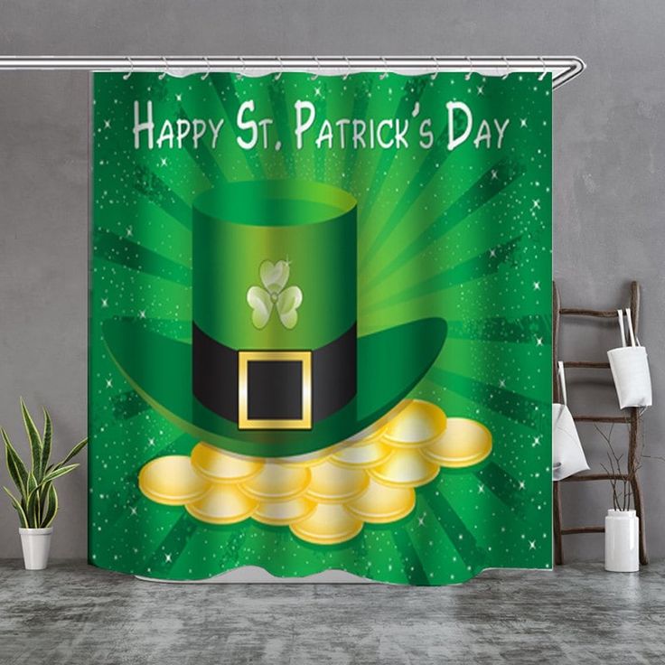 a st patrick's day themed shower curtain with gold coins and a green hat