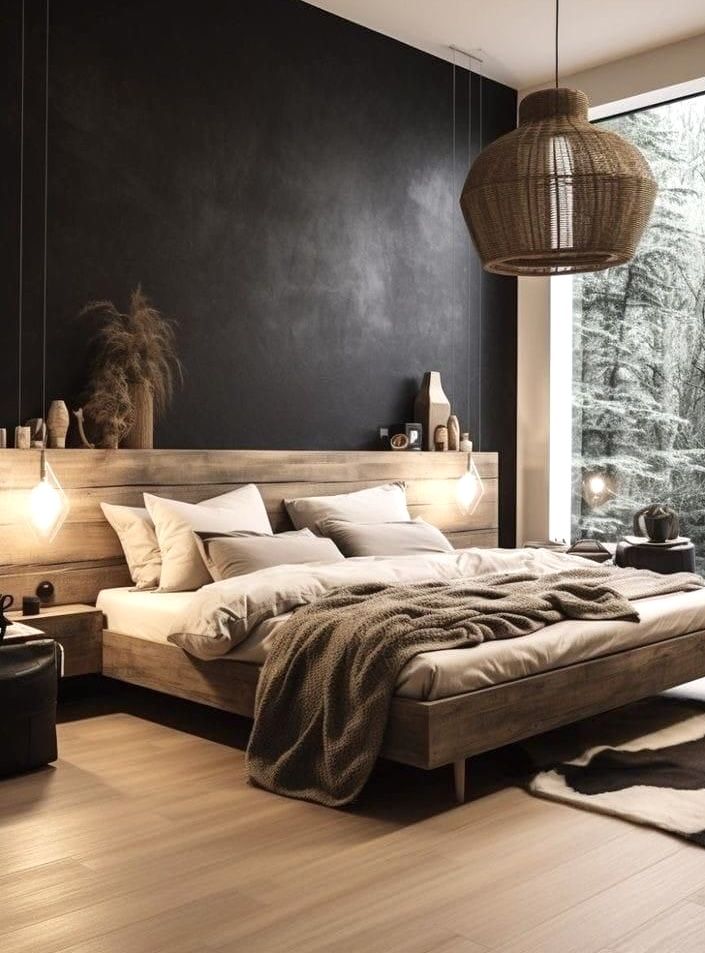 a large bed sitting next to a window in a room with wooden floors and black walls