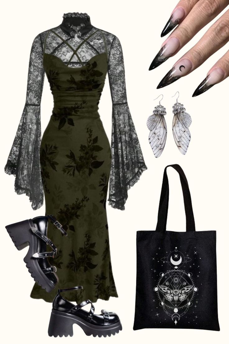 Goth Outfit, Black Aesthetic, Goth Cottagecore Outfit, Witch Outfit, Goth Fashion, Black Nails, Butterfly Jewelry. 🦋 Green And Black Goth Outfit, Flowy Goth Outfit, Goth Cottagecore Aesthetic Outfits, Goth Fantasy Outfit, Goth Cottagecore Outfits, Eco Goth Aesthetic, Black Nails Butterfly, Green Witch Aesthetic Outfit, Cottage Witch Aesthetic Fashion