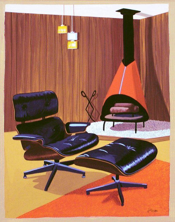 an image of a living room setting with chair, ottoman and fireplace in the background