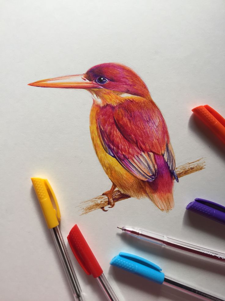 a drawing of a bird sitting on top of a table next to crayons