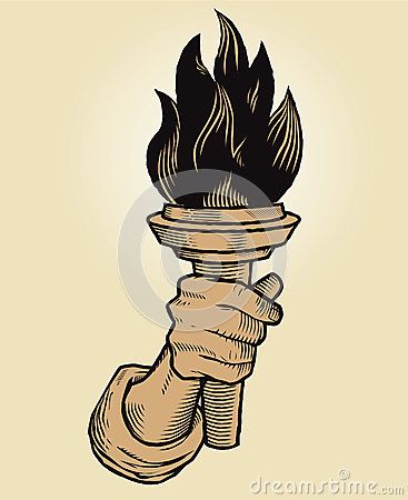 a hand holding a torch with flames coming out of it royalty photo - illustration on beige background