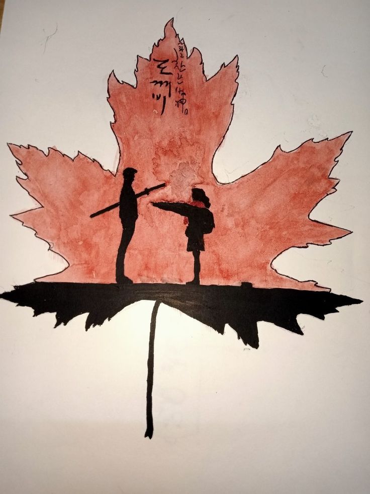 a drawing of two people standing on top of a leaf