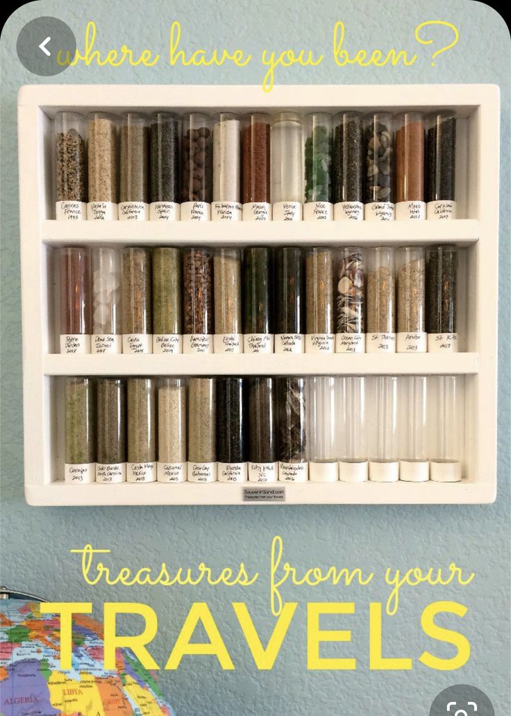 a white shelf filled with lots of different types of spices and herbs on top of a blue wall