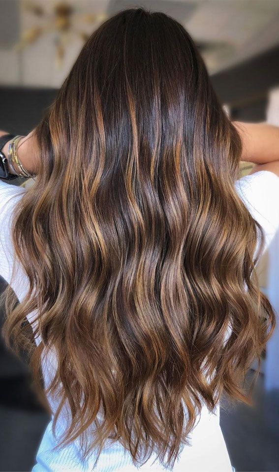 Hair Color Ideas For Dark Brunettes With Highlights, Babylights Brunette Caramel, Dark Chocolate Brown Hair With Lowlights Subtle Highlights, Carmel Hilights On Dark Hair, Coffee Highlights Hair, Warm Blonde Balayage On Dark Hair, Coffee Balayage, Coffee Highlights, Brunette Babylights