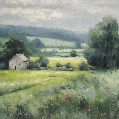 a painting of a house in the middle of a field