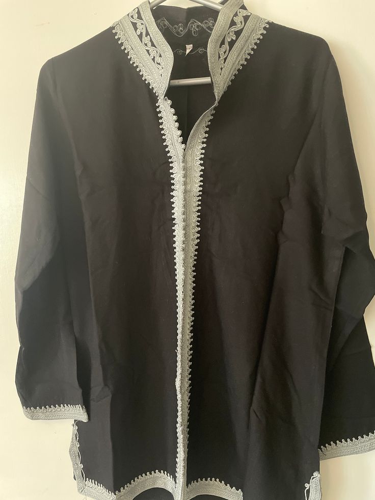 Handmade Moroccan Unisex Kaftan top long sleeves Black Long Sleeve Kaftan For Eid, Festive Cotton V-neck Top, Fitted Long Sleeve Shirt For Festive Season, Fitted Long Sleeve Festive Shirt, Fitted Long Sleeve Kaftan For Eid, Traditional Black Top For Fall, Festive Casual Long Sleeve Shirt, Casual Long Sleeve Festive Shirt, Festive Long Sleeve Casual Shirt