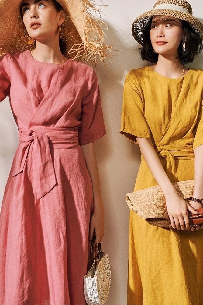 Linen Tied Knot Summer Dresses For Women Spring Half Sleeve Belted Dress, Summer Long Sleeve Dress With Tie Fastening, Long Sleeve Summer Dresses With Tie Fastening, Fitted Spring Dress With Knot Detail, Summer Midi Dress With Belt And Half Sleeves, Short Sleeve Tie Back Beach Dresses, Short Sleeve Beach Dress With Tie Back, Brunch Dresses With Tie Fastening, Short Sleeve Midi Dress With Tie Back